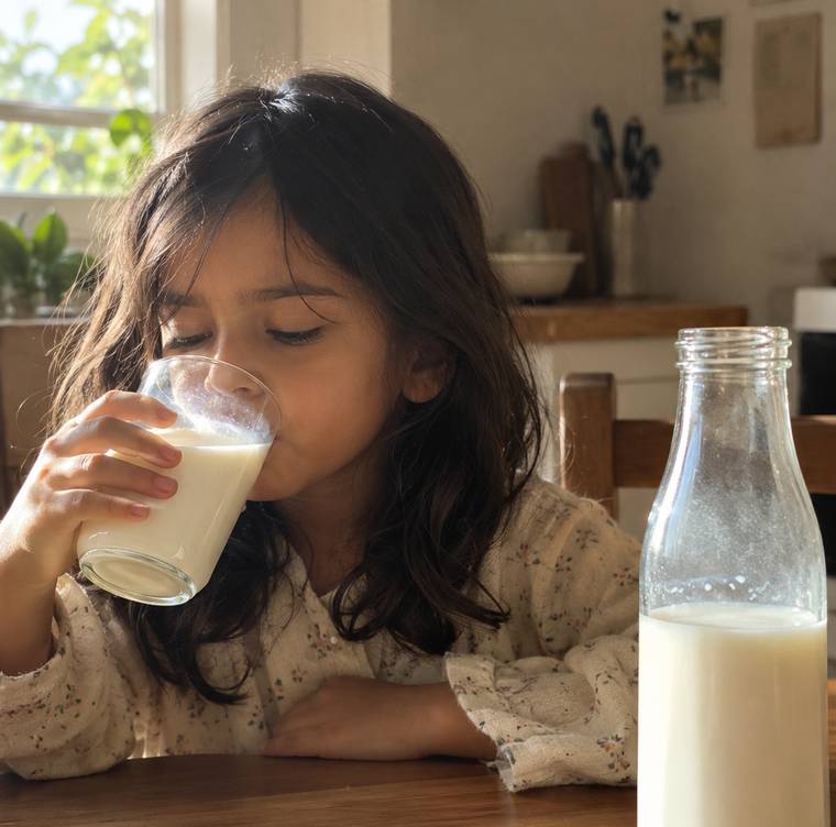 A Pune child finishing the morning glass beside the Humpy bottle