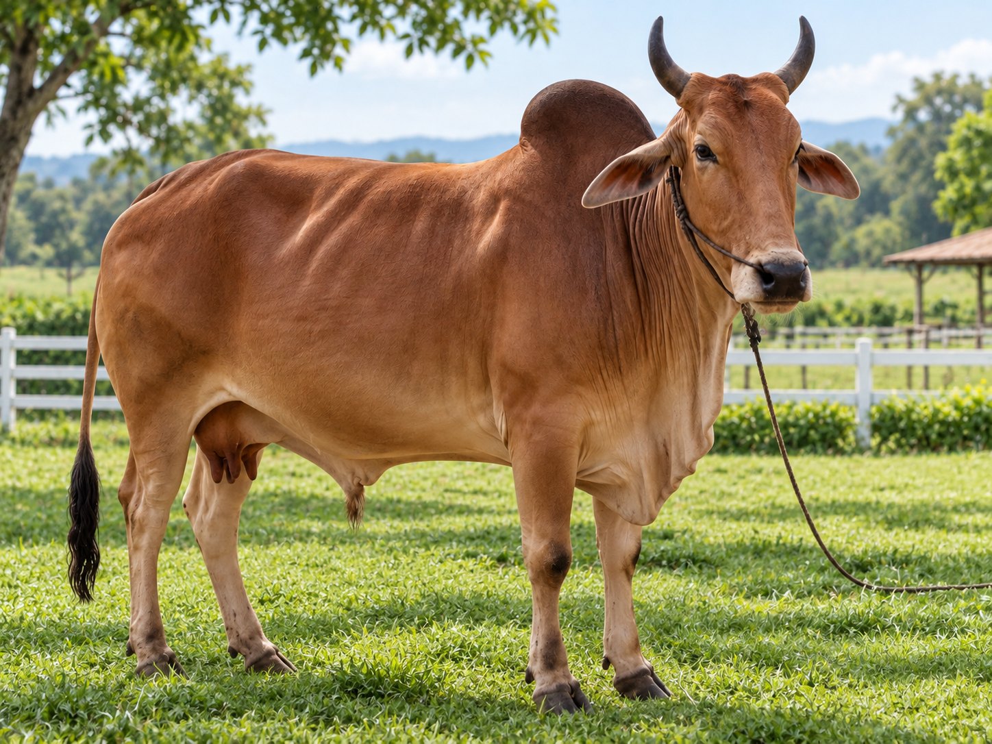 A brown indigenous Gir cow with the signature hump, full side view on pasture